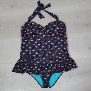 Joe Boxer Women Cherry One Piece Halter Swimsuit Size 2X Retro Polka Dot Skirt